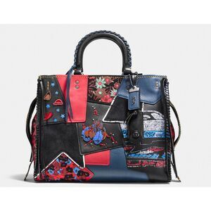 Coach 1941 Rogue 30 Embellished Patchwork Whipstitch Mixed Leather Bag Red Multi